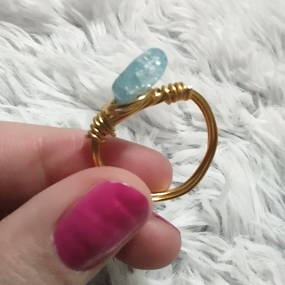 *HOMEMADE* Blue Gem Ring- Wire Gold Wrapped Ring